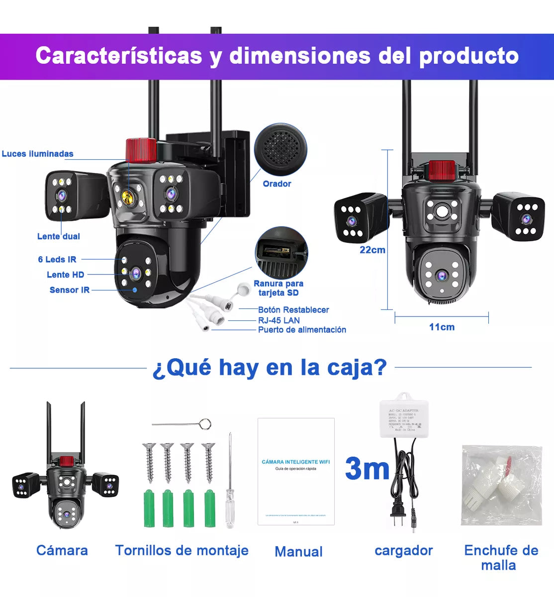 Cámara de Seguridad WiFi 360° con Tres Lentes y Audio Bidireccional, Compatible con Alexa