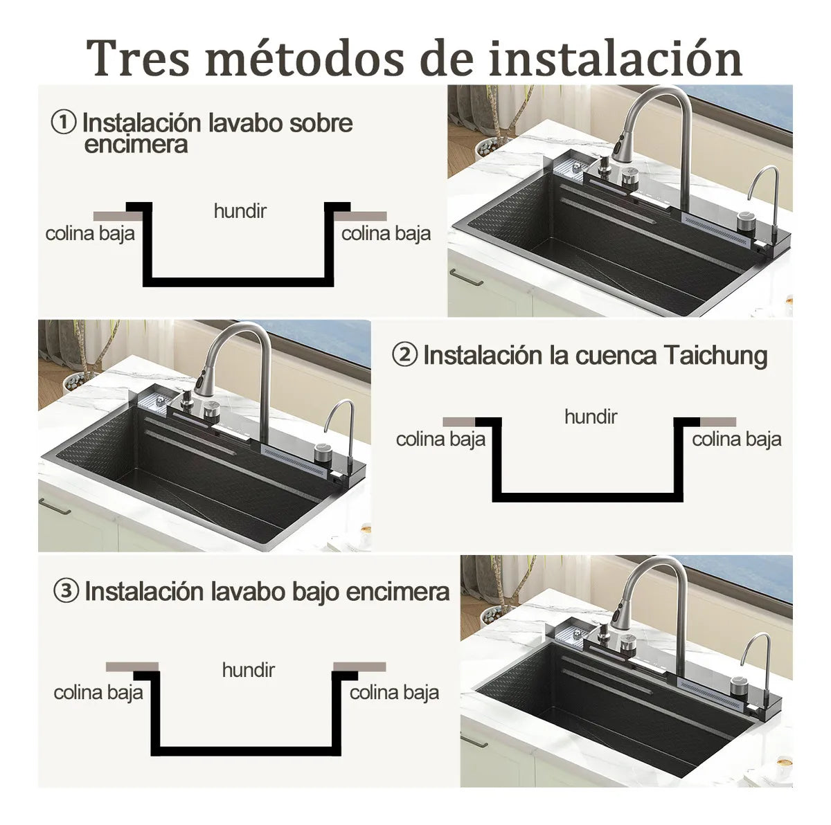 Fregadero de Cocina Tarja Cascada de Acero Inoxidable Negro - Kit Completo con Grifo y Accesorios