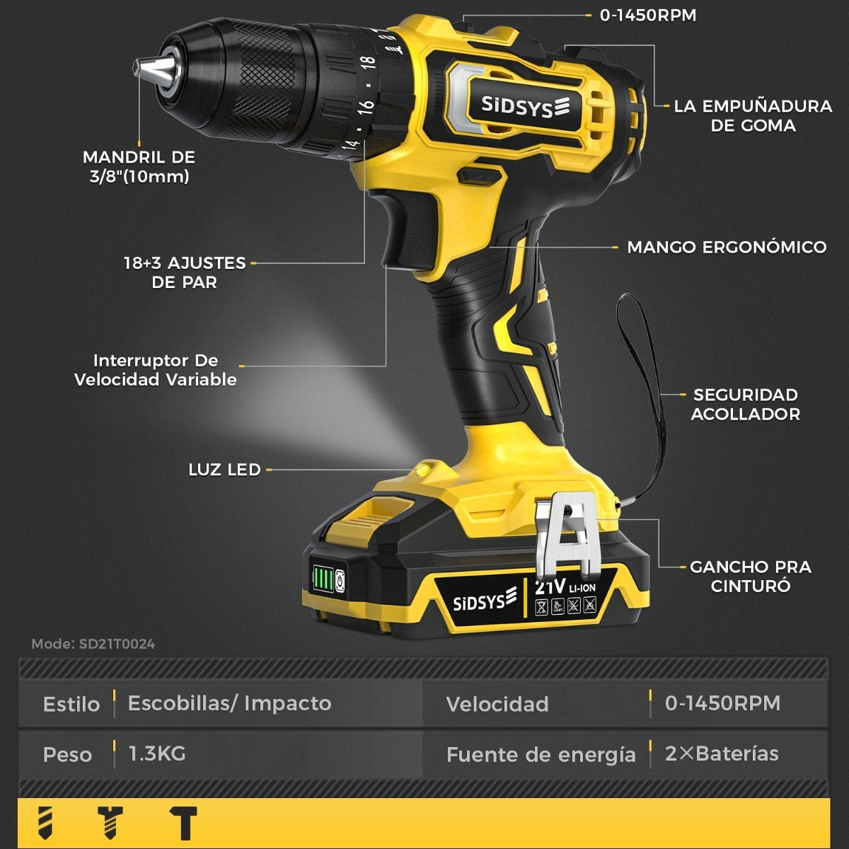 Taladro Eléctrico Inalámbrico Sidsys 21V con 2 Baterías y Carga Rápida