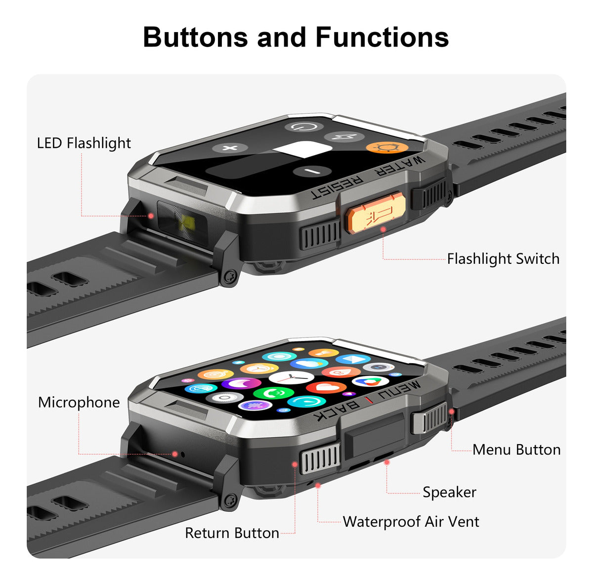 Reloj Inteligente Smartwatch Militar W60 con Linterna LED y Monitor de Salud IP68