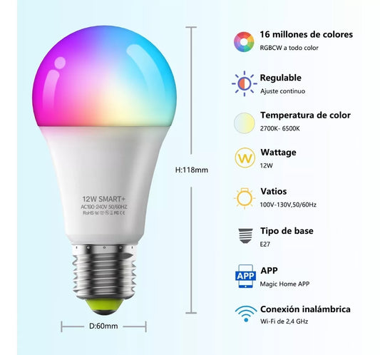 Pack de 4 Foco Led Inteligente Rgbcw Wifi 12w Ajustable Multicolor - Metacompras