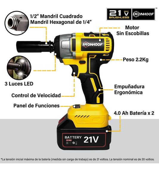 Pistola Llave de Impacto Inalámbrica 1/2" 520 Nm - Motor Sin Escobillas, Batería 4.0 Ah