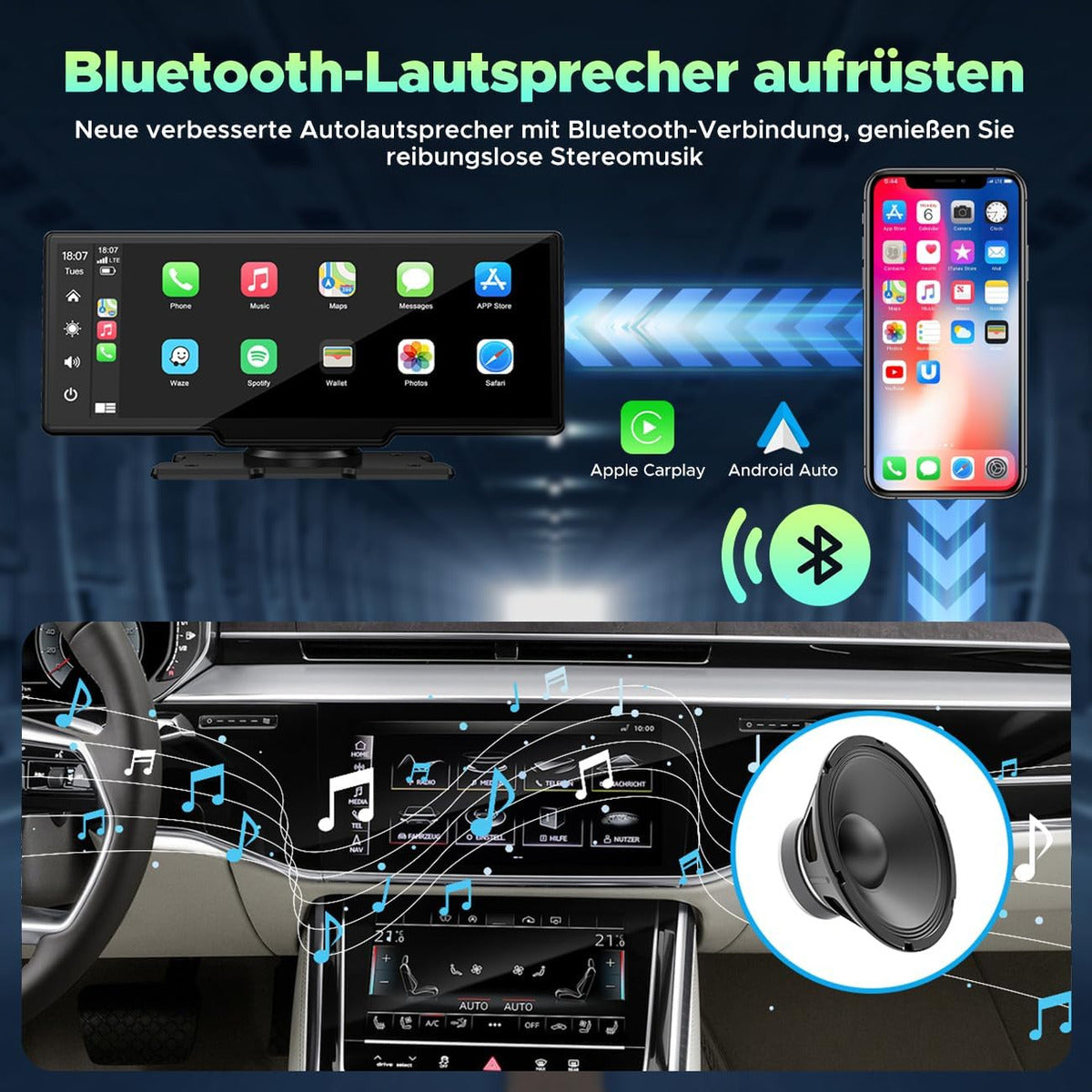 Pantalla Portátil Zucooler Wagen con Wireless CarPlay/Android Auto y DVR HD