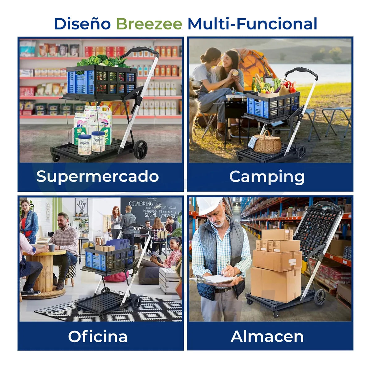 Carro de Compras Plegable con 2 Canastas y Ruedas - Fácil de Armar