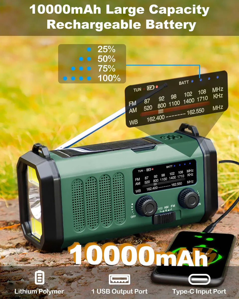 Radio Solar de Emergencia con Cargador de Teléfono 10000 mAh