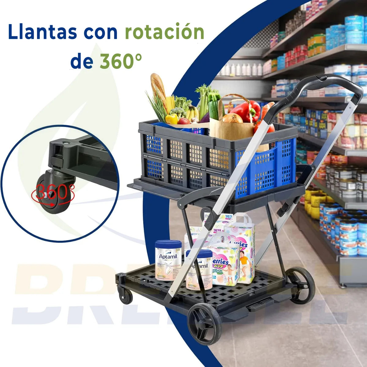 Carro de Compras Plegable con 2 Canastas y Ruedas - Fácil de Armar