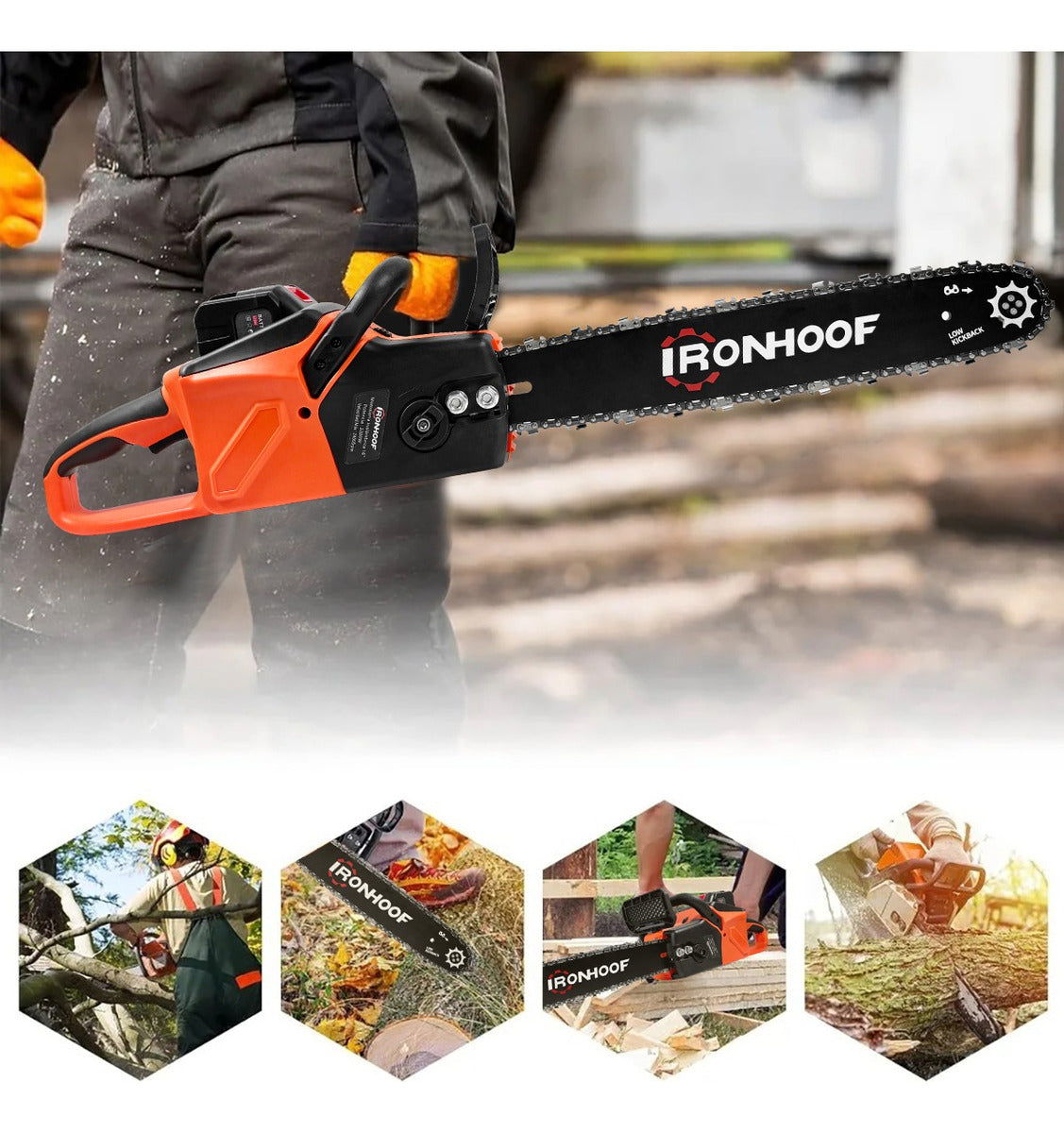 Motosierra Eléctrica Recargable 16" IRONHOOF – Corte Rápido y Seguro