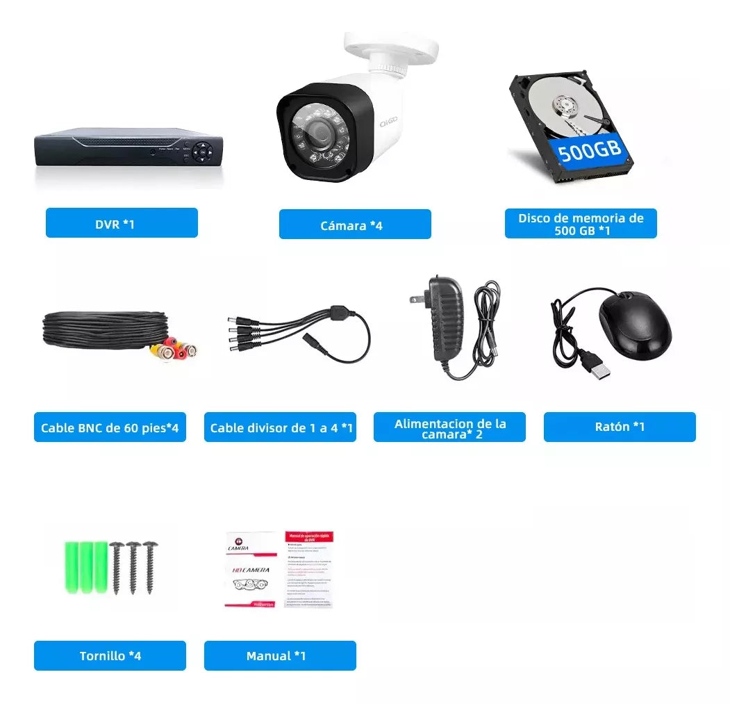 Kit Cámara de seguridad QG-77-K500G con resolución de 4ch 2MP visión nocturna incluida Color blanca Exterior Videovigilancia - Metacompras