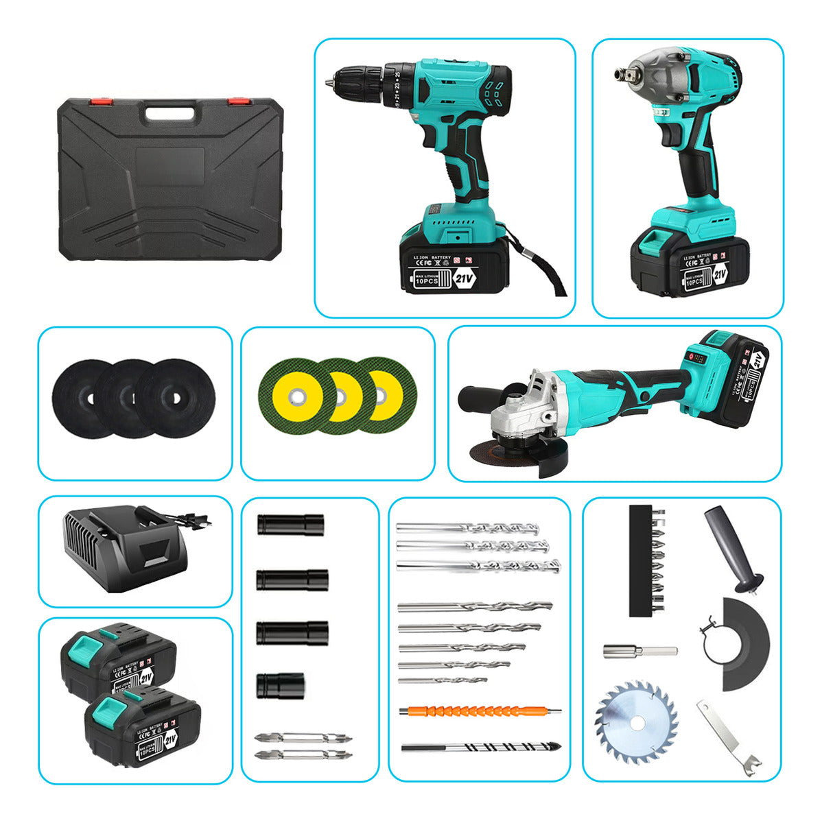 Kit de Herramientas Eléctricas Sin Escobillas: Taladro, Llave de Impacto y Amoladora Angular 20V 4000mAh. Ideal para Proyectos de Renovación.