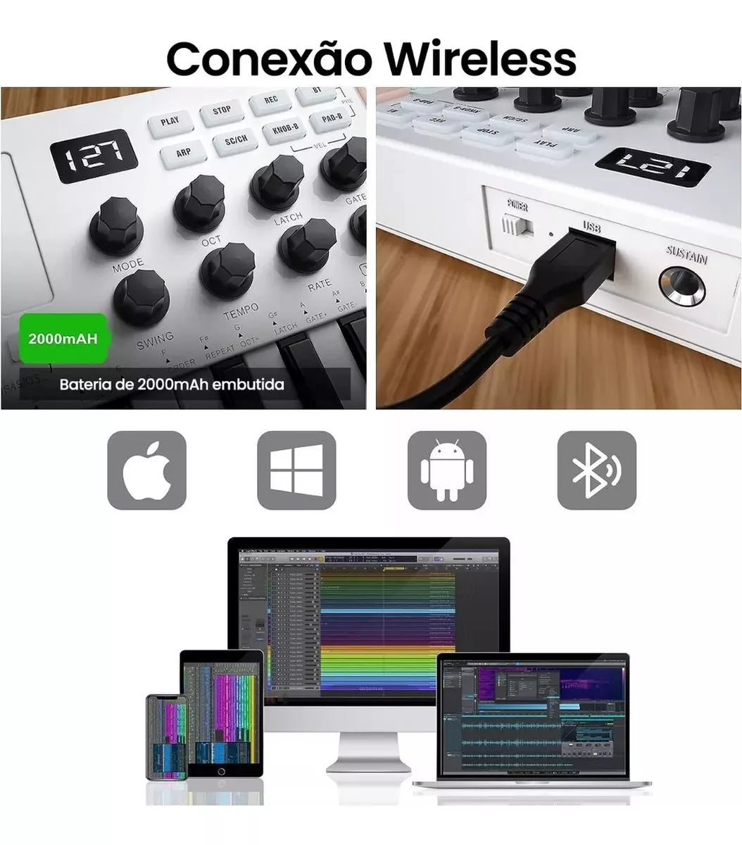 Teclado MIDI Inalámbrico Portátil Smk-25 – 25 Teclas Sensibles + 16 Horas de Batería