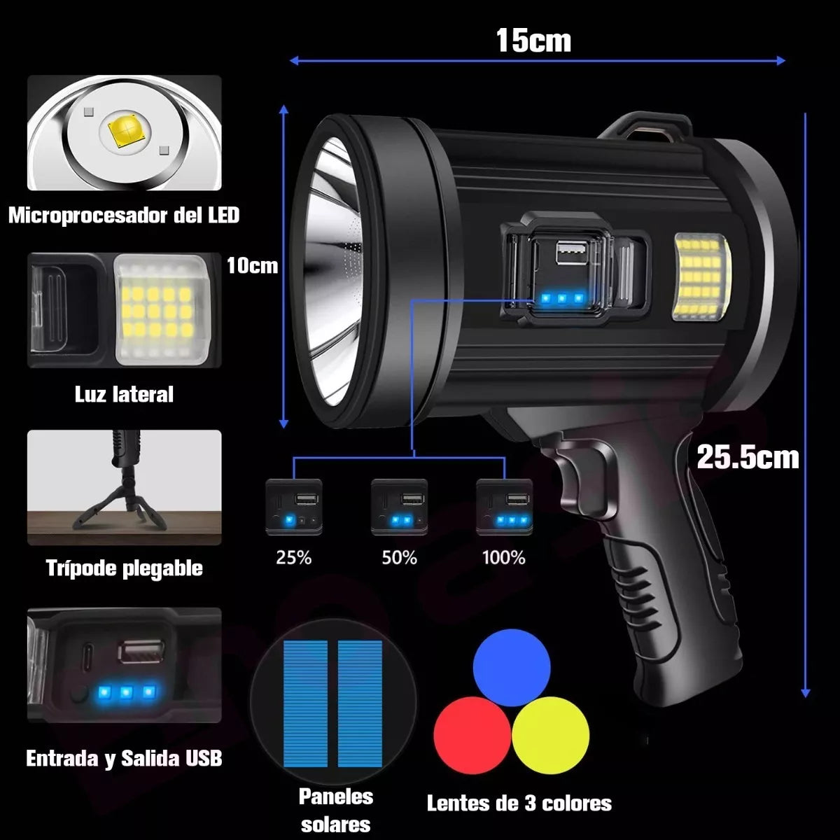 Linterna De Mano Led Potentes Recargable P50 Con Trípode - Metacompras