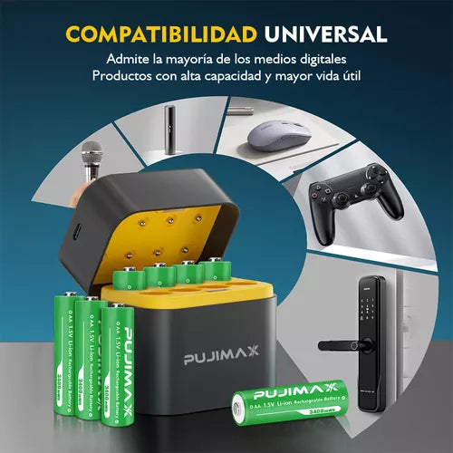 Cargador de Pilas Recargables con 8 Pilas AA - Carga Rápida y Alta Capacidad 3400mAh