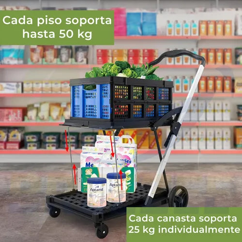 Carro de Compras Plegable con 2 Canastas y Ruedas - Fácil de Armar