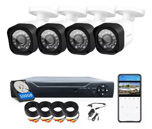 Kit Cámara de seguridad QG-77-K500G con resolución de 4ch 2MP visión nocturna incluida Color blanca Exterior Videovigilancia - Metacompras