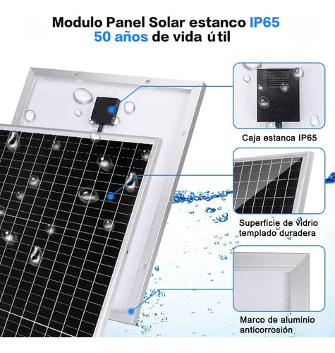 Kit Completo de Panel Solar Monocristalino 50W 12V con Controlador Integrado