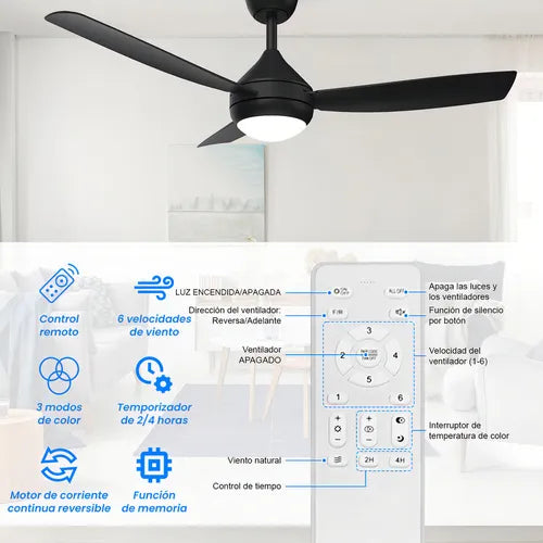 Ventilador de Techo Silencioso con Luz LED y Mando a Distancia 106cm