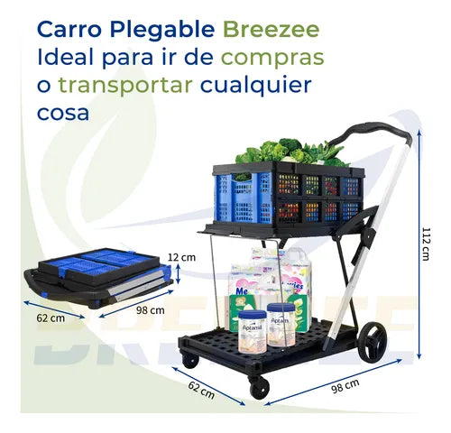 Carro de Compras Plegable con 2 Canastas y Ruedas - Fácil de Armar
