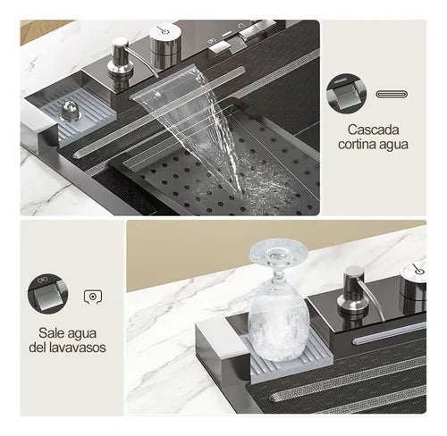 Fregadero de Cocina Tarja Cascada de Acero Inoxidable Negro - Kit Completo con Grifo y Accesorios