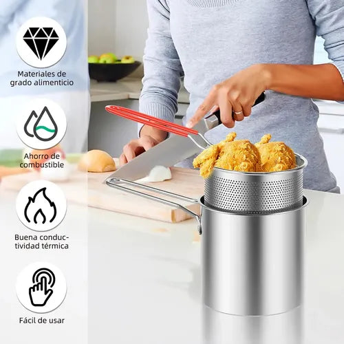 Mini Freidora de Acero Inoxidable 304 con Colador 1.2L - Cocina Saludable y Práctica