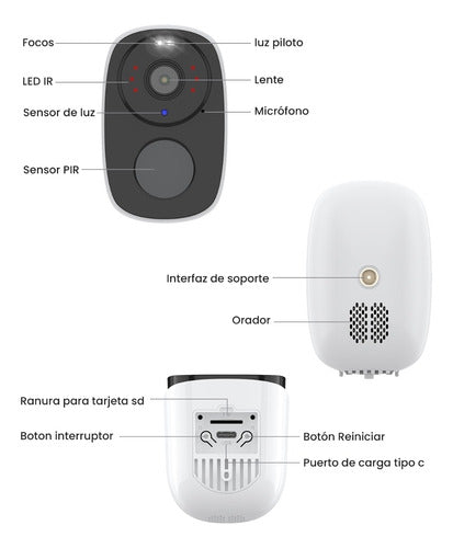 Cámara de Seguridad WiFi HD Exterior 3MP Inalámbrica con Batería Recargable y Visión Nocturna