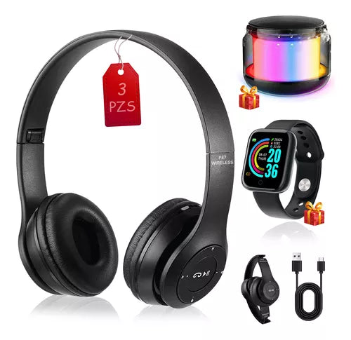 Audífonos Bluetooth con Mini Bocina y reloj Smartwatch inteligente