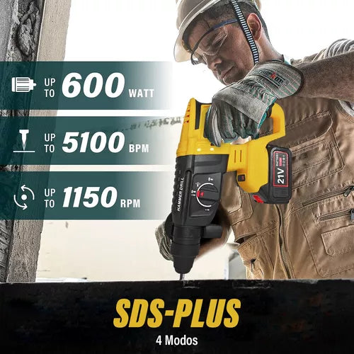 Rotomartillo Cincelador Inalámbrico SDS-Plus 600W con Batería de Larga Duración