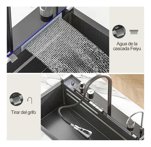 Fregadero de Cocina Tarja Cascada de Acero Inoxidable Negro - Kit Completo con Grifo y Accesorios