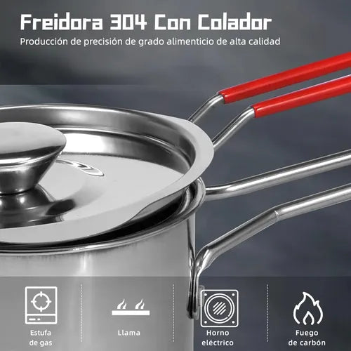 Mini Freidora de Acero Inoxidable 304 con Colador 1.2L - Cocina Saludable y Práctica