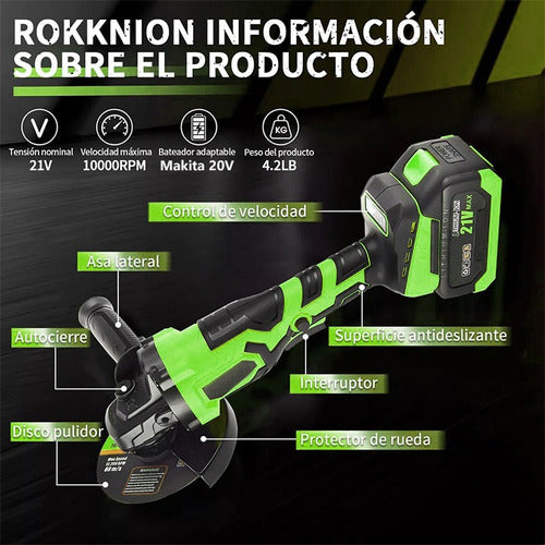 Esmeriladora Angular Inalámbrica 21V con Motosierra y 2 Baterías de Larga Duración