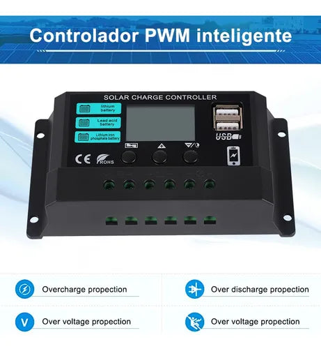 Kit Completo de Panel Solar Monocristalino 50W 12V con Controlador Integrado