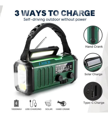 Radio Solar de Emergencia con Cargador de Teléfono 10000 mAh