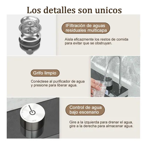 Fregadero de Cocina Tarja Cascada de Acero Inoxidable Negro - Kit Completo con Grifo y Accesorios