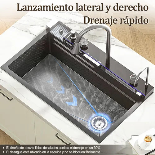 Fregadero de Cocina Tarja Cascada de Acero Inoxidable Negro - Kit Completo con Grifo y Accesorios