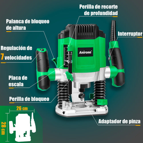 Router Anirona 1400W 1-3/4 Hp con 7 Velocidades Ajustables para Corte Preciso