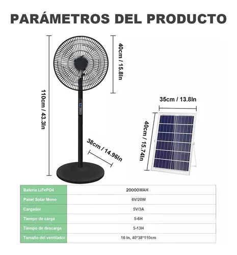 Ventilador Solar Recargable de 20000 mAh con Control Remoto y 3 Velocidades