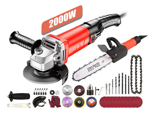 Esmeriladora Angular 2000 W 3 en 1: Amoladora, Motosierra y Lijadora Profesional