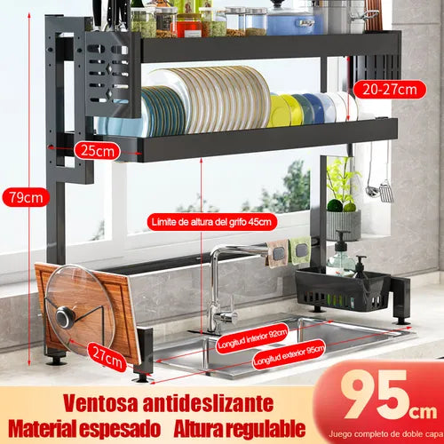 Escurridor de Platos de 2 Niveles para Lavabo Doble 95cm Super Espacioso
