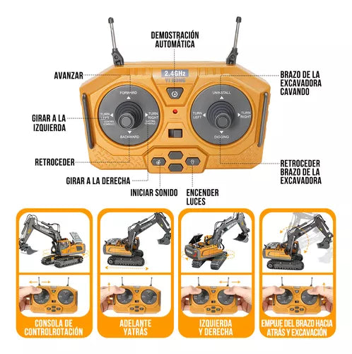 Excavadora RC 1:20 de Aleación con 11 Funciones y Baterías Doblés Recargables