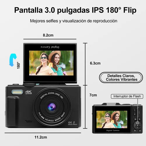 Cámara Digital Ourlife Full HD 4K con Pantalla LCD Giratoria 180° Negra