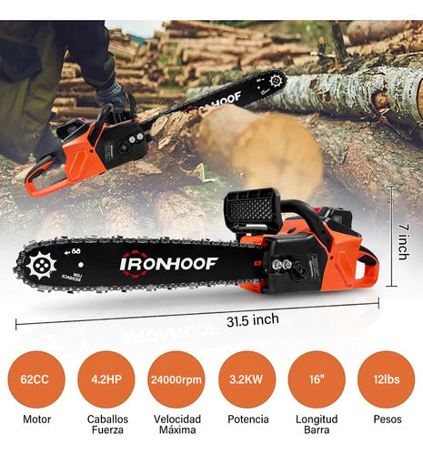 Motosierra Eléctrica Recargable 16" IRONHOOF – Corte Rápido y Seguro