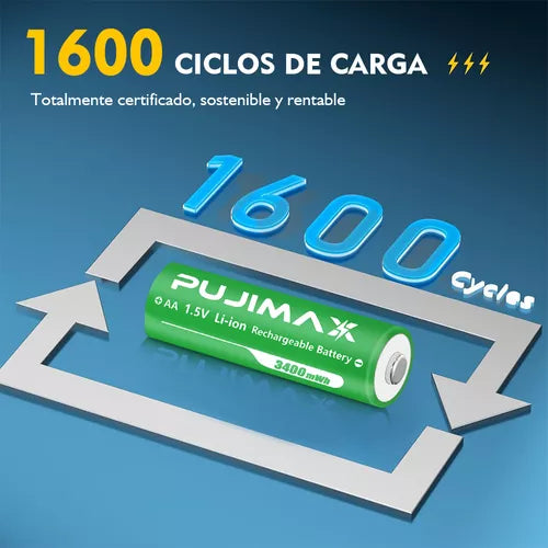 Cargador de Pilas Recargables con 8 Pilas AA - Carga Rápida y Alta Capacidad 3400mAh