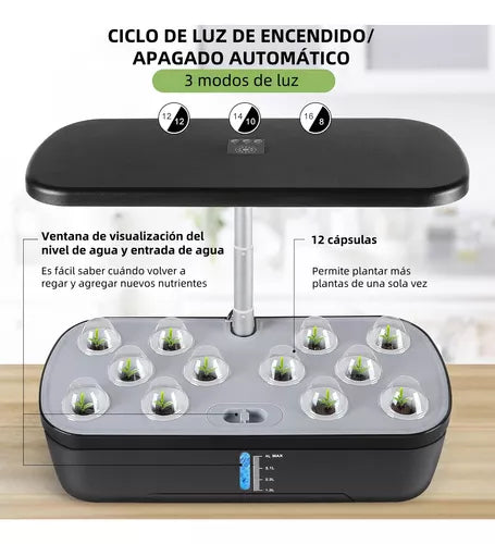 Sistema de Jardinería Hidropónica Interior con Luz LED y Bomba Silenciosa - Cultiva Hasta 12 Plantas. - Metacompras
