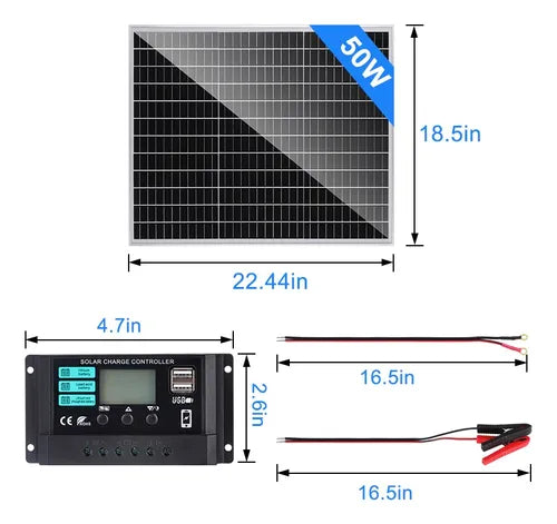 Kit Completo de Panel Solar Monocristalino 50W 12V con Controlador Integrado