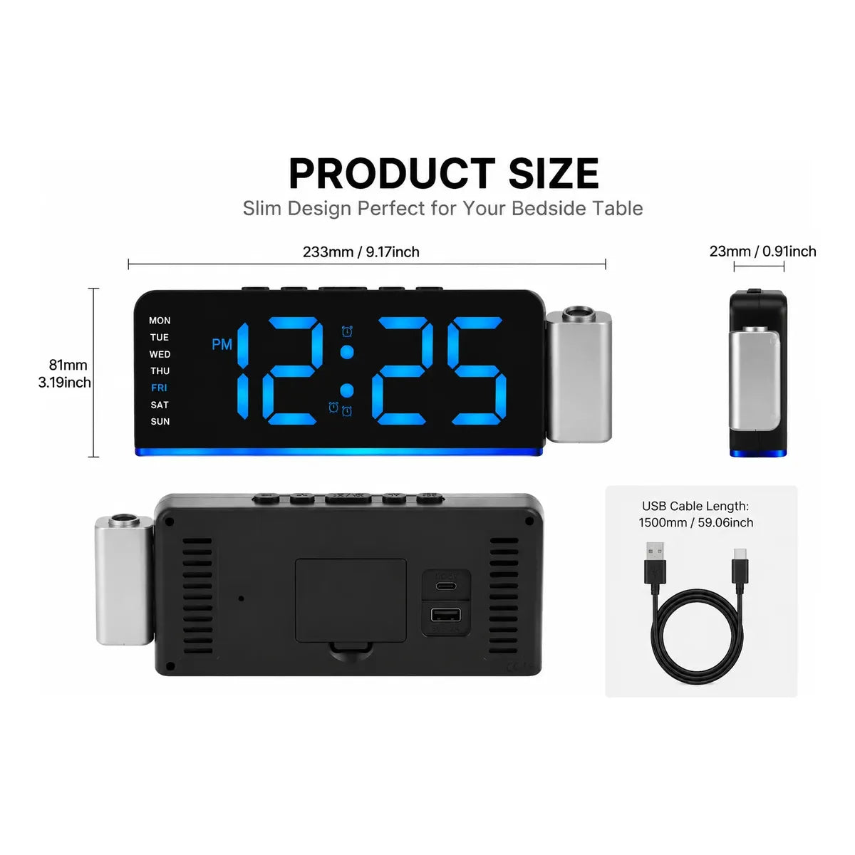 Digital Alarm Clock with Projector and FM Radio, Elegant Design