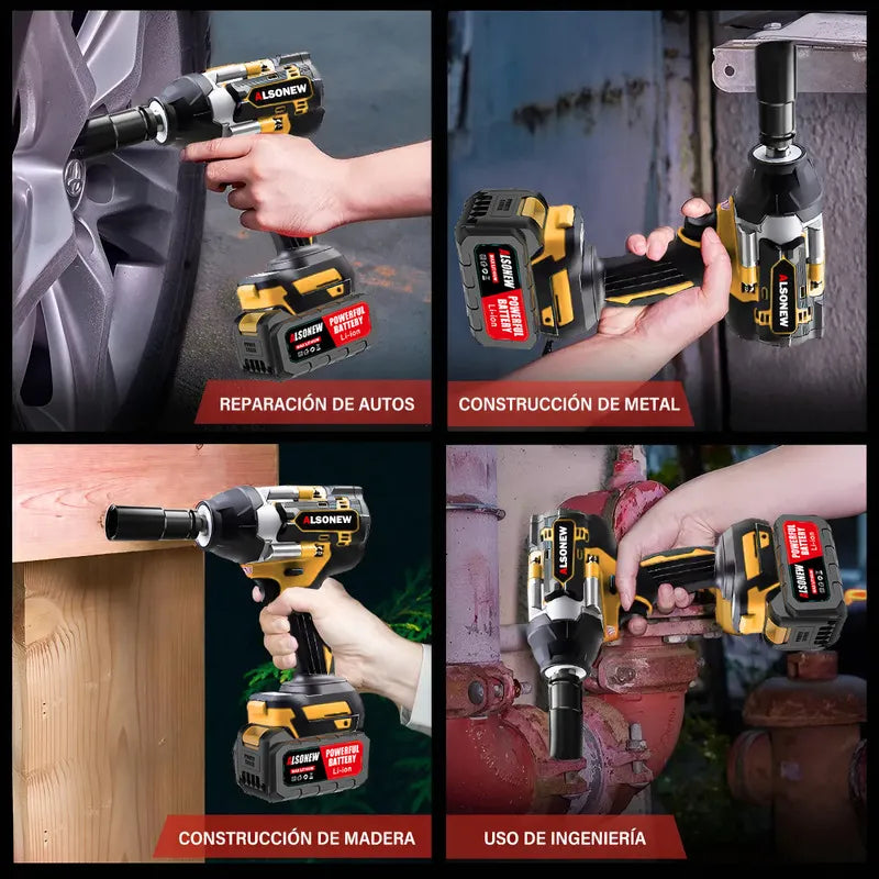 Kit Completo de Llave de Impacto Inalámbrica 1600nm con 2 Pilas Amarillo - Metacompras