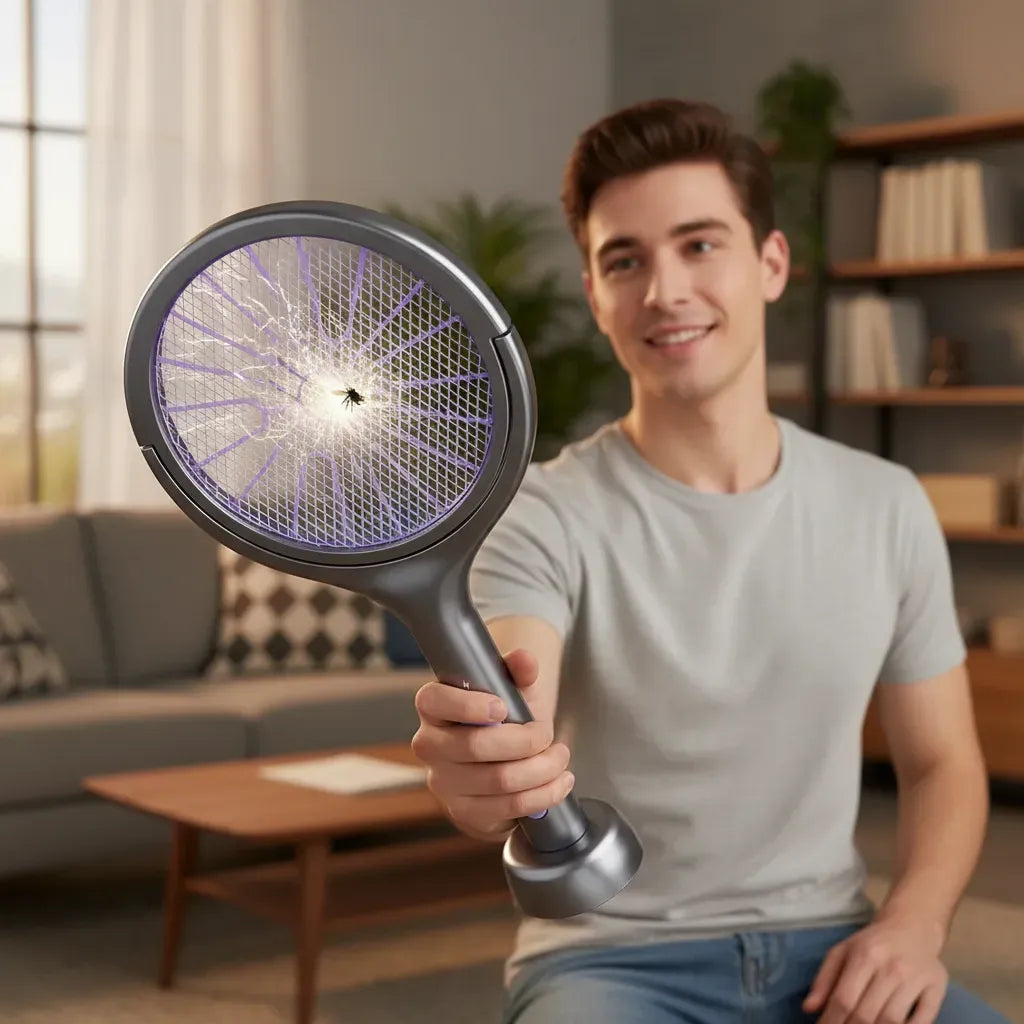 Matamoscas Eléctrico Telescópico con Luz LED para Control de Insectos