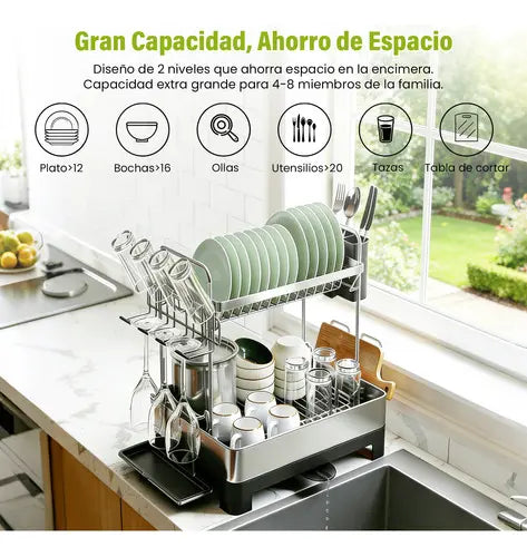 Escurridor de Platos de Acero Inoxidable con Drenaje Eficiente y 2 Niveles - Metacompras