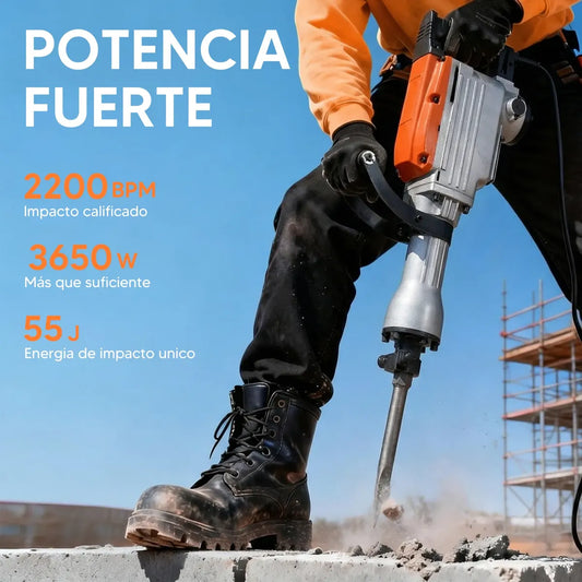 Martillo Demoledor de Concreto 3650W con Mango Ergonómico y Velocidad Variable