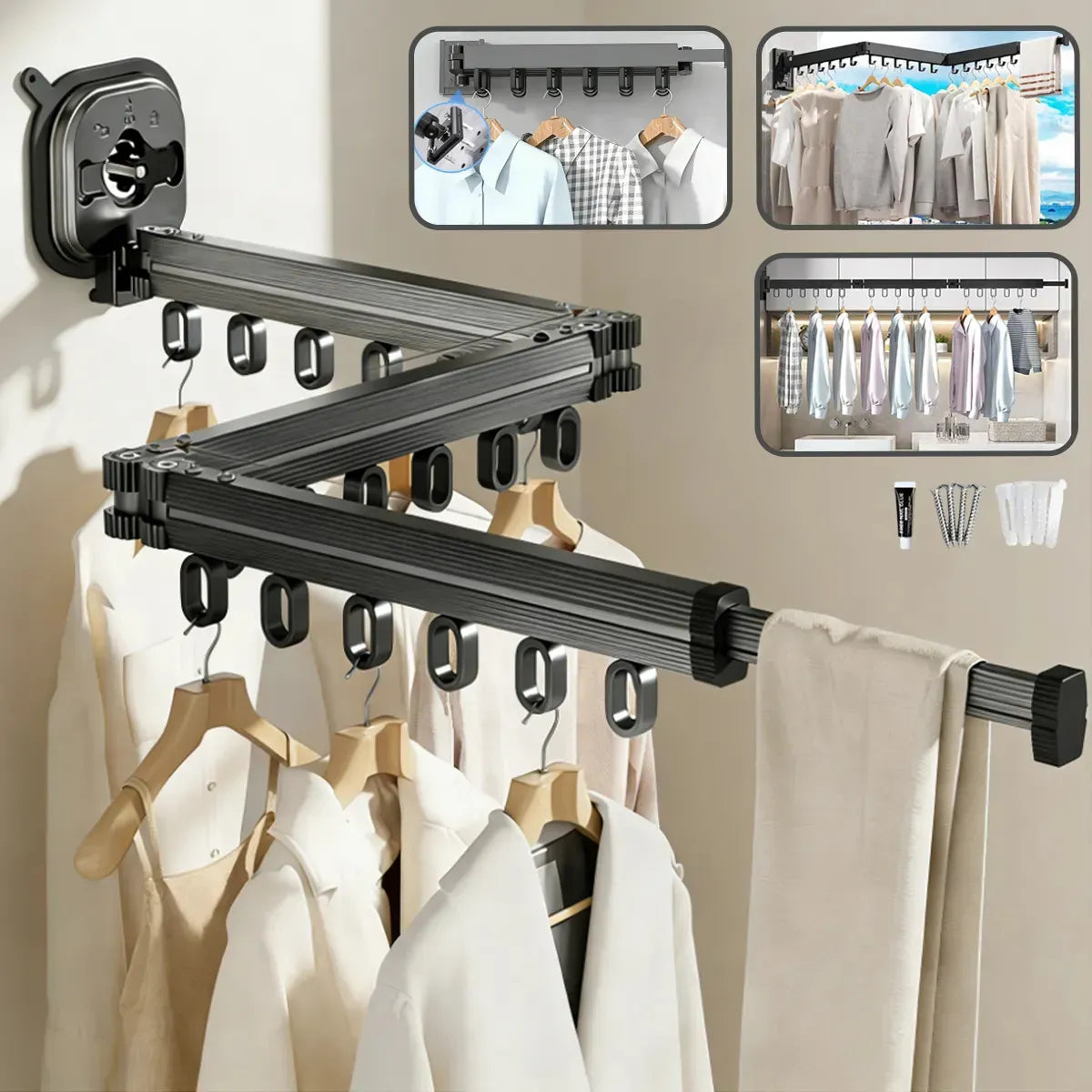 Tendedero Plegable de Pared 1.2m con 19 Ganchos y Capacidad de 30kg