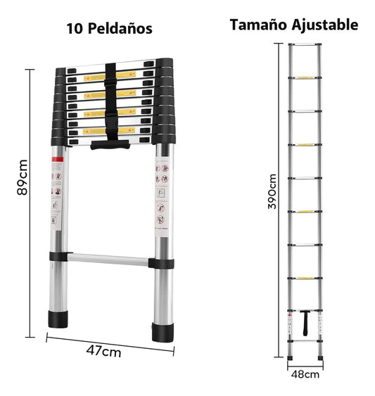Escalera TelescΓ³pica Plegable 3.90m con Tacos Antiderrapantes - Metacompras